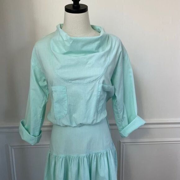 Vintage 80s Alicia Mint Green Cowl Neck Blouson Midi Dress 6 M - Picture 2 of 11